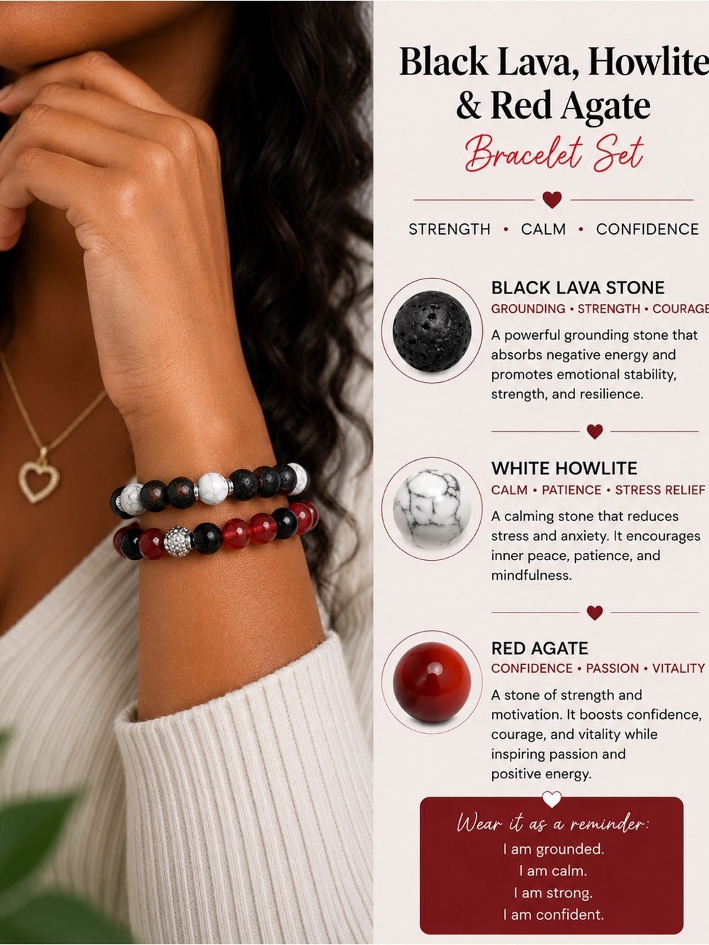 Black Lava, Howlite & Red Agate Bracelet Set